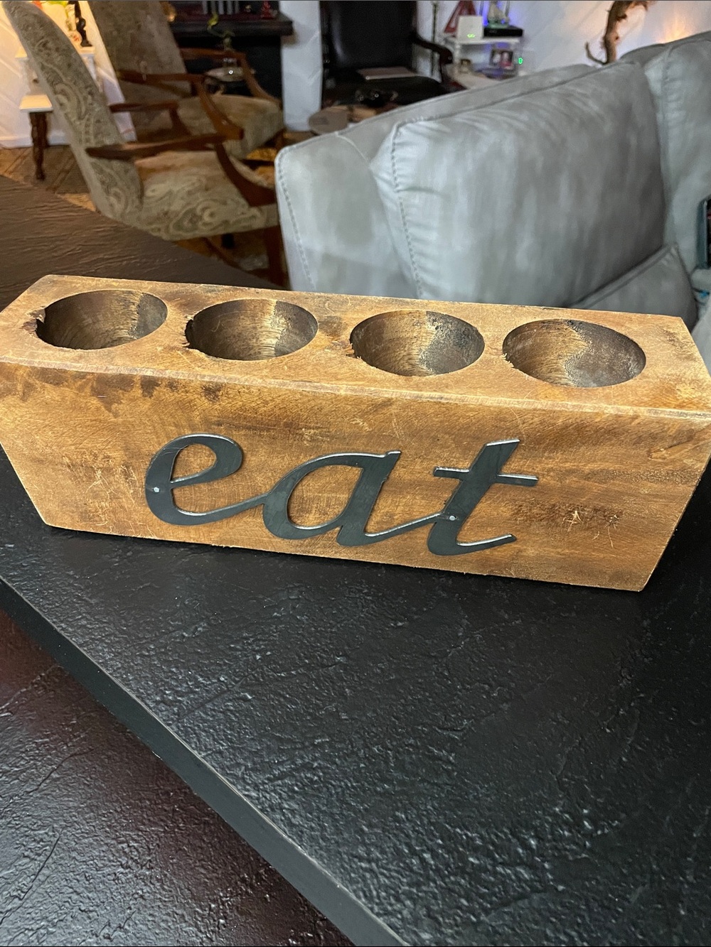 Rustic 'Eat' Wooden Sugar Mold Holder - Brown